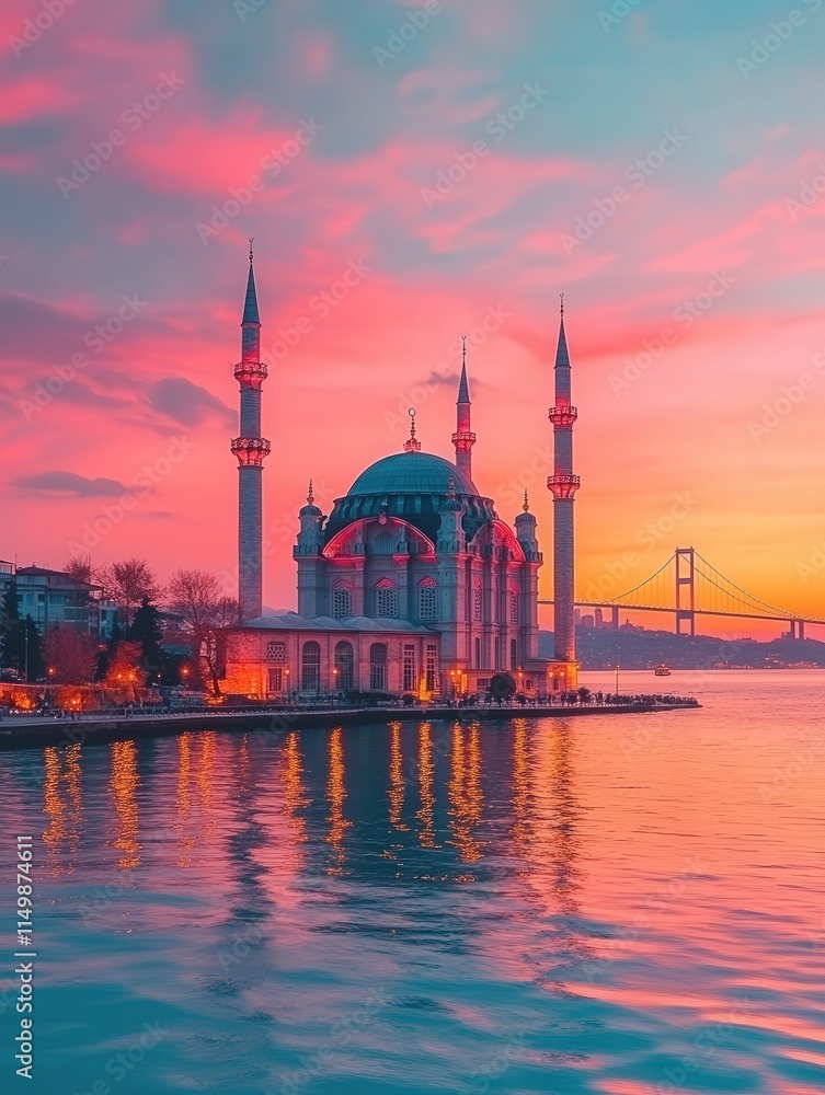 Obraz premium Bosphorus Strait during golden hour, with the Istanbul Bridge illuminated by the setting sun.