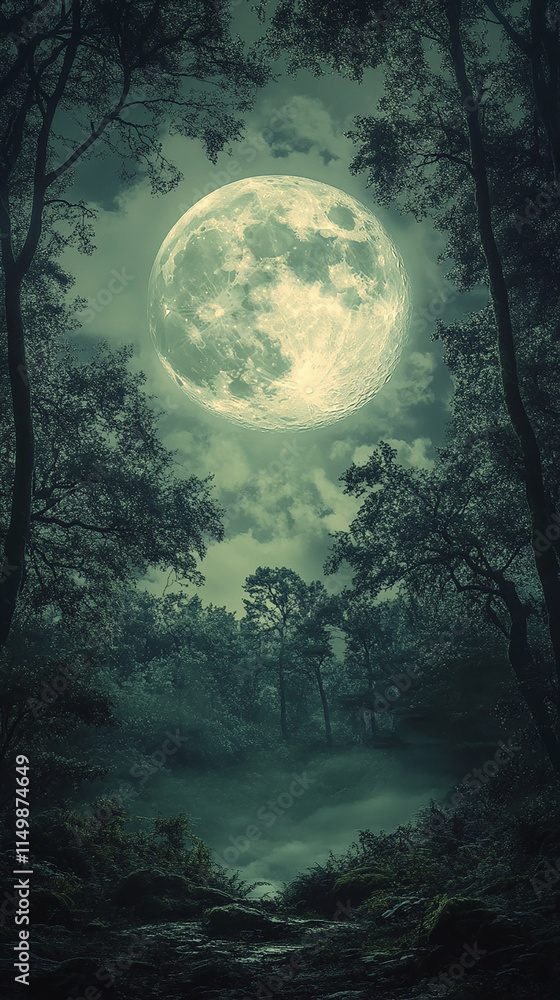 Fototapeta premium A Glowing Full Moon Illuminating a Dense Forest