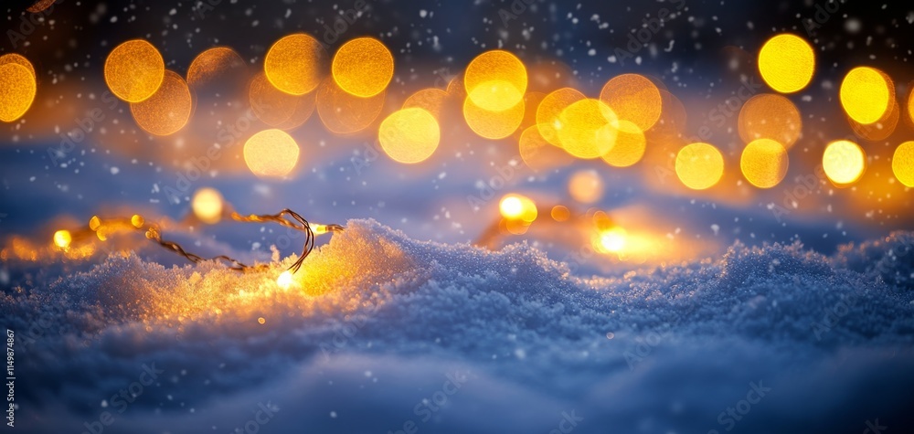 Twinkling lights shining through falling snow in a tranquil winter landscape during evening time Twinkling lights shining through falling snow in a tranquil winter landscape during evening time