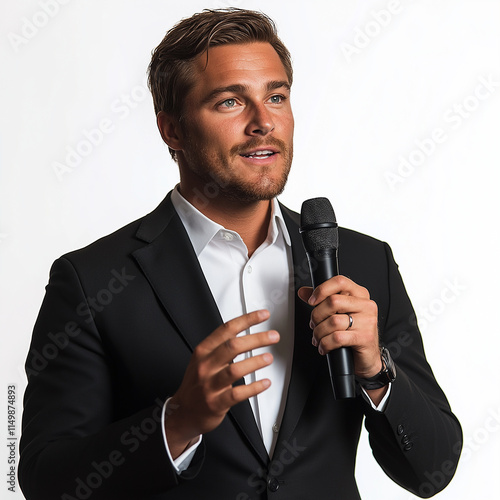 Photo of an attractive man in a black suit holding a microphone and speaking, against a white background, in a half-body shot.