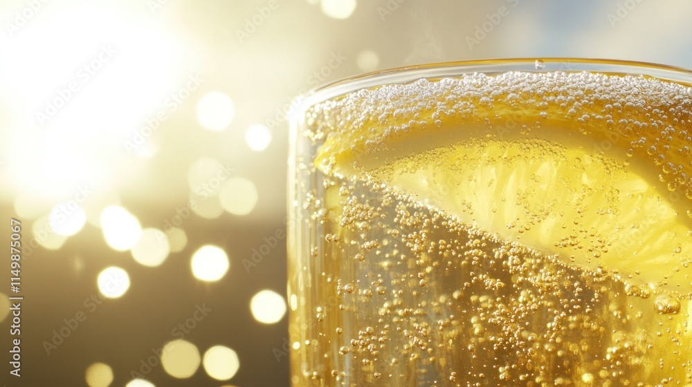 Close-up of bubbly golden drink with lemon slice, backlit by bright bokeh. Close-up of bubbly golden drink with lemon slice, backlit by bright bokeh.
