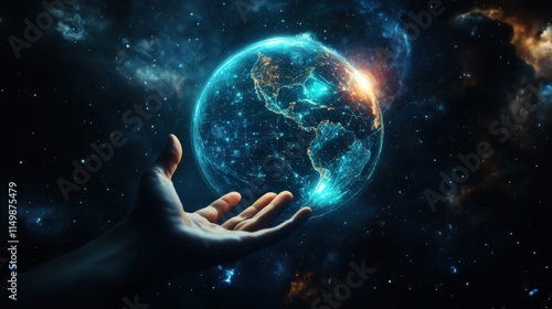 Hand holding glowing digital Earth in space.
