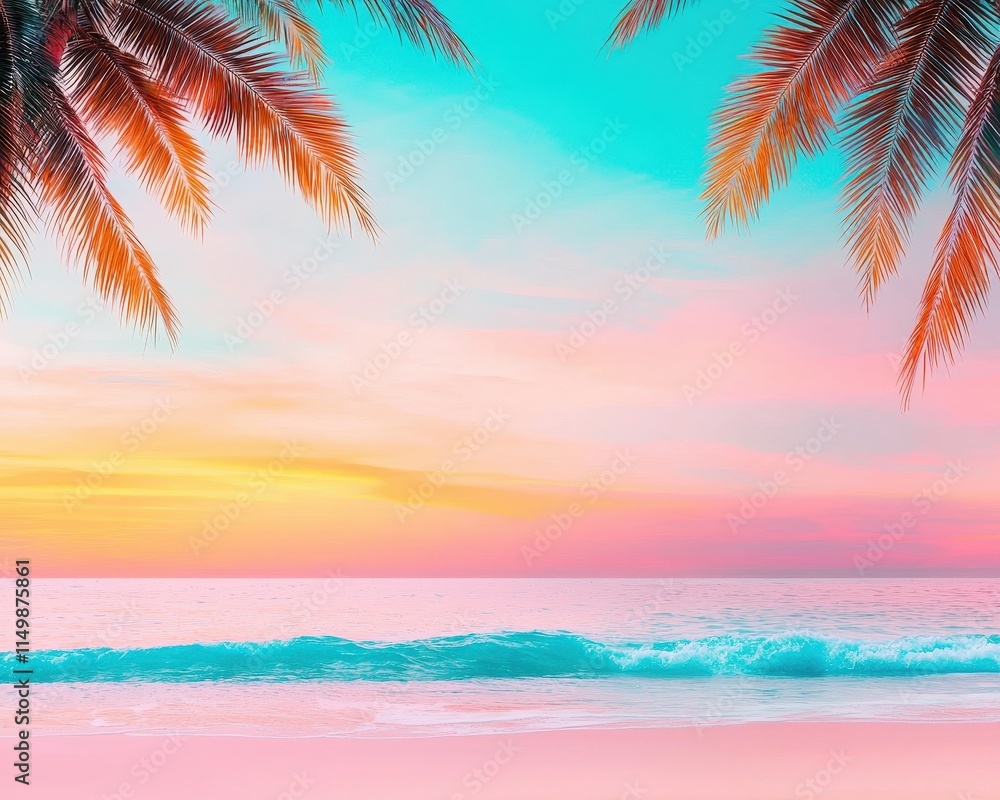 Fototapeta premium A beach sunset wedding backdrop with palm trees and gentle waves.