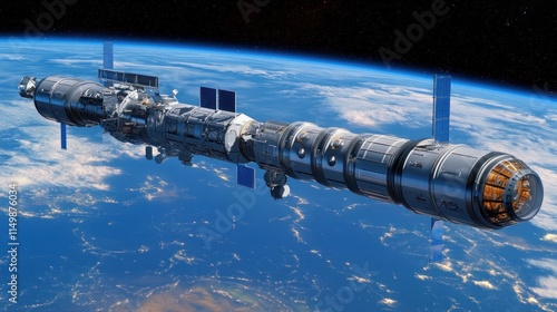 Futuristic space station orbiting Earth.