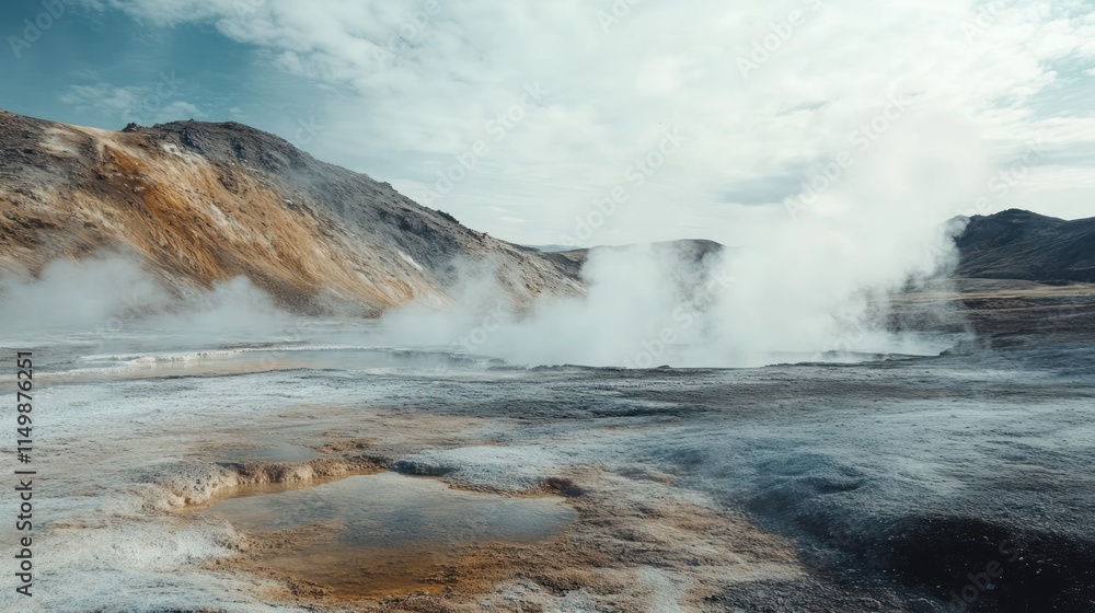 Geothermal landscape with steaming vents and hills. Geothermal landscape with steaming vents and hills.