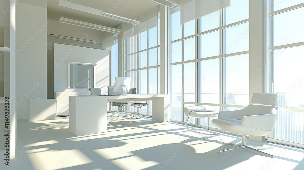 Fototapeta premium A modern workspace with white ergonomic furniture, minimal decor, and oversized windows bringing in warm daylight