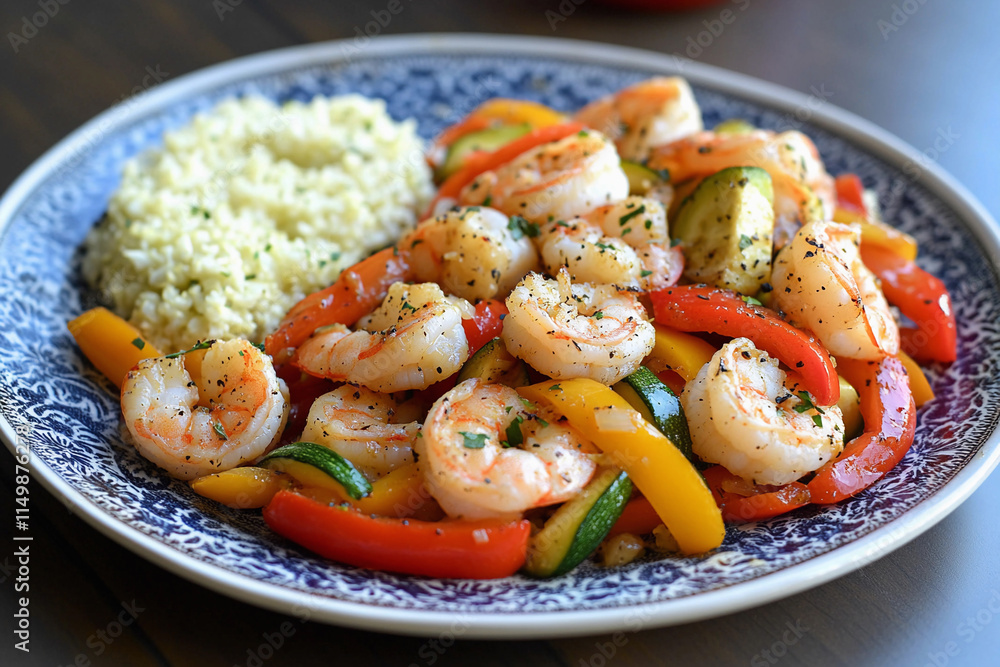 A colorful plate of keto shrimp stir-fry with bell peppers and zucchini, served with a side of cauliflower rice, vibrant and flavorful A colorful plate of keto shrimp stir-fry with bell peppers and zucchini, served with a side of cauliflower rice, vibrant and flavorful