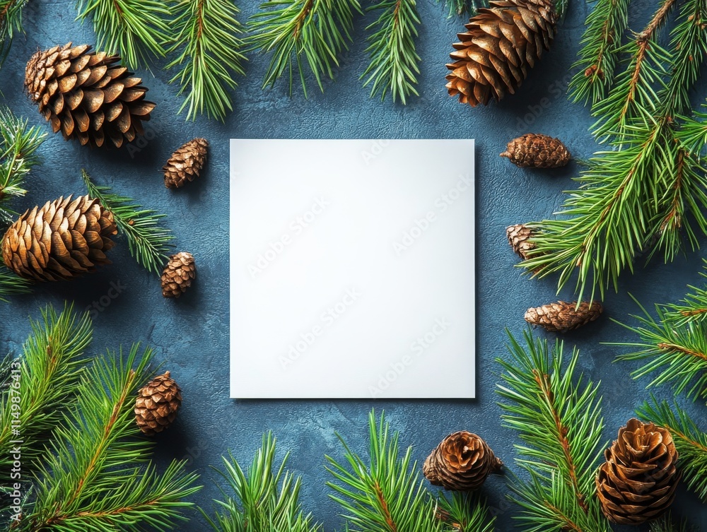 Festive decoration with pine branches and cones surrounding a blank card on a blue background Festive decoration with pine branches and cones surrounding a blank card on a blue background