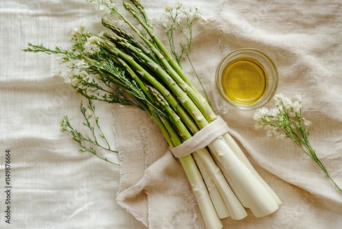 Fresh Asparagus with Spring Flowers and Olive Oil photo