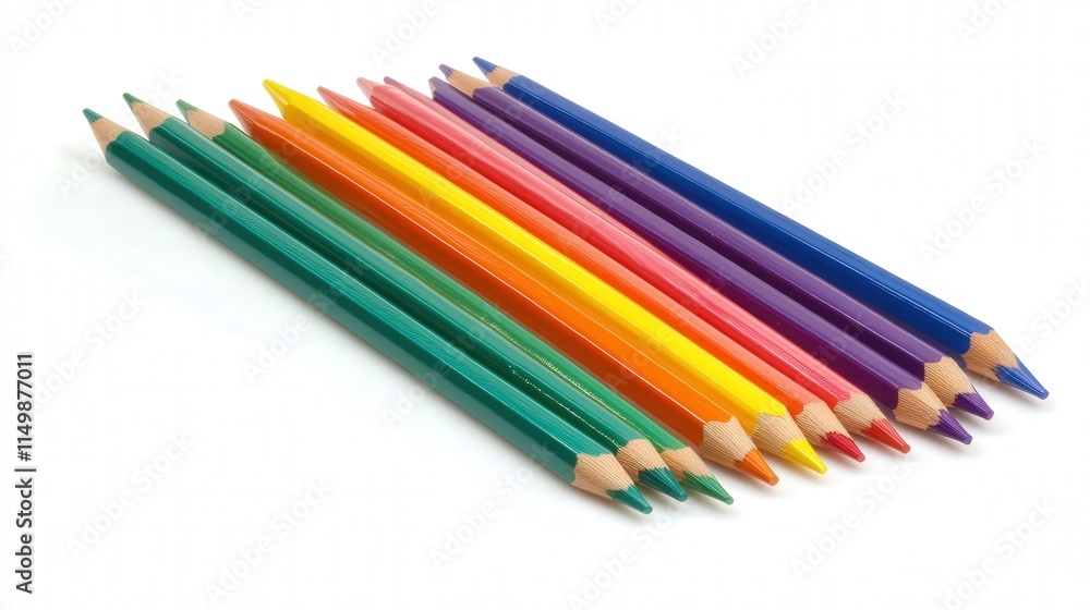 perfectly aligned set of colorful pencils on a white background. The arrangement creates a balanced, vibrant composition, perfectly aligned set of colorful pencils on a white background. The arrangement creates a balanced, vibrant composition,