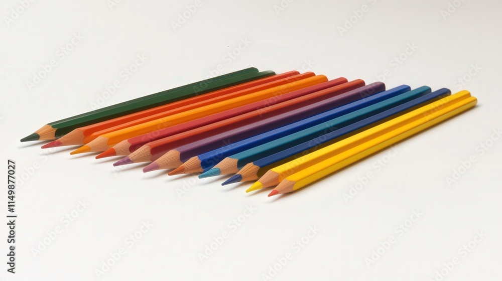 perfectly aligned set of colorful pencils on a white background. The arrangement creates a balanced, vibrant composition, perfectly aligned set of colorful pencils on a white background. The arrangement creates a balanced, vibrant composition,