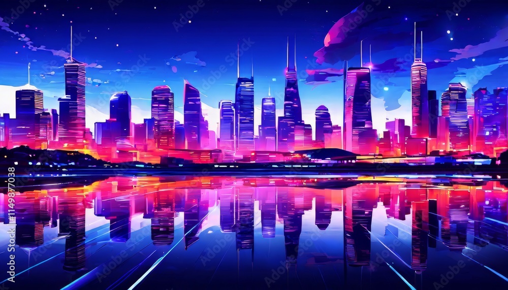 Fototapeta premium A vibrant, futuristic city skyline at night, illuminated by glowing skyscrapers reflecting off a calm body of water. The dynamic colors and modern design evoke a sense of urban energy and