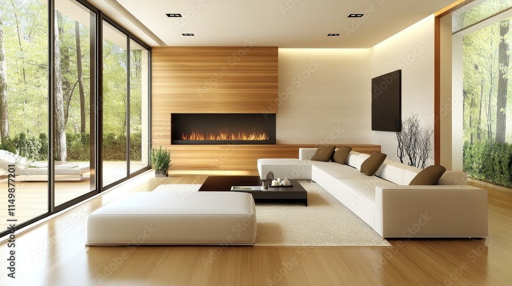 Bright and airy living room featuring a wood-paneled fireplace, minimalist white furniture, and warm earthy accents for a calming vibe Bright and airy living room featuring a wood-paneled fireplace, minimalist white furniture, and warm earthy accents for a calming vibe