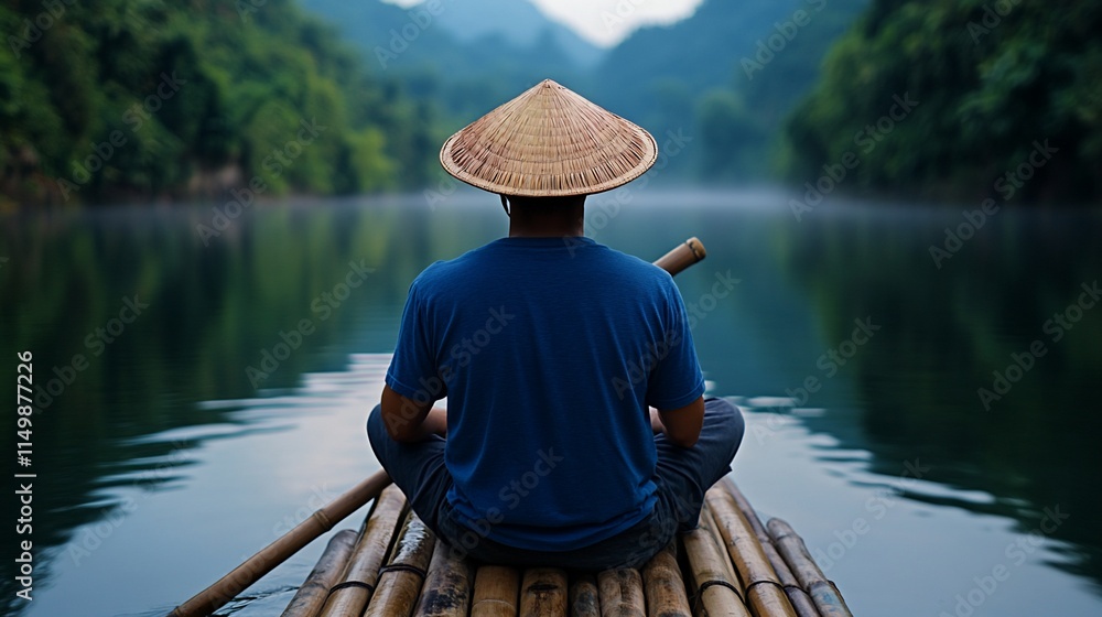 Peaceful man rows a bamboo raft on a serene river, surrounded by lush green hills. Peaceful man rows a bamboo raft on a serene river, surrounded by lush green hills.
