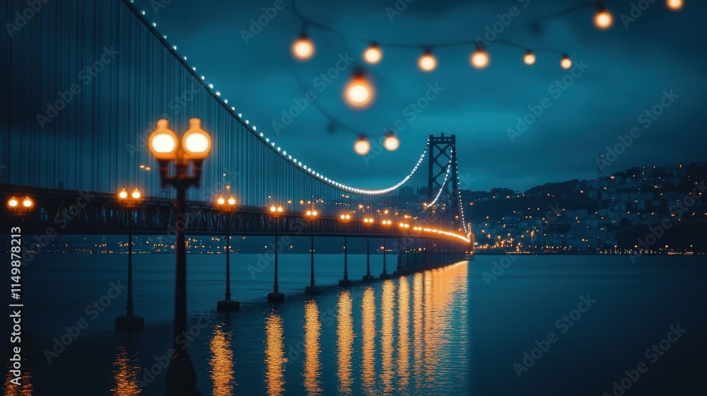 Fototapeta premium bridge at night with light bulb poles, their soft glow reflecting on the water below, and the distant lights of a cityscape in the horizon