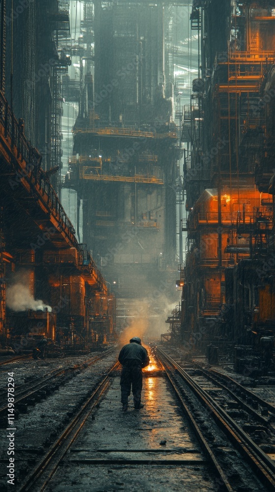 Naklejka premium Worker engaged in welding process inside industrial facility during evening shift hours