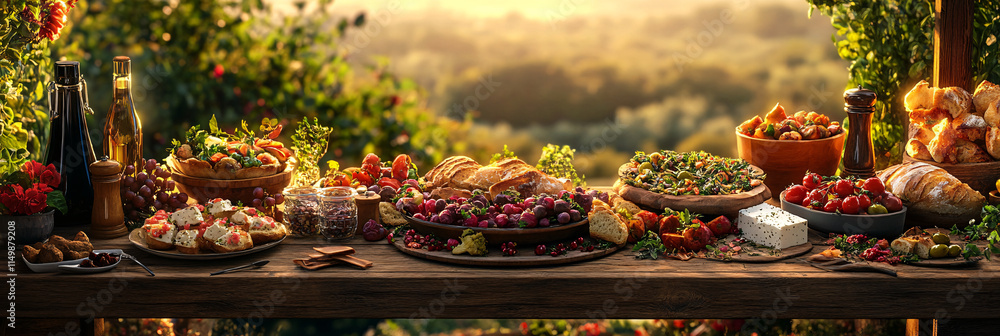 A rustic wooden table filled with colorful Mediterranean dishes, including olives, feta, roasted vegetables, and freshly baked bread, set against a sunset backdrop. A rustic wooden table filled with colorful Mediterranean dishes, including olives, feta, roasted vegetables, and freshly baked bread, set against a sunset backdrop.