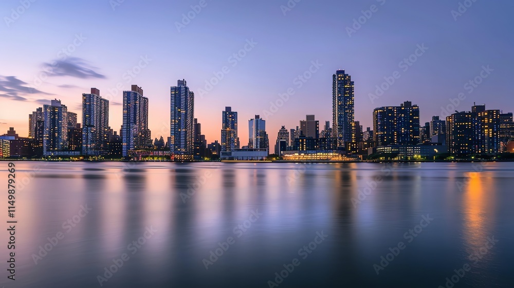 Fototapeta premium A long exposure photograph of a city skyline at dusk, showing the reflection of the city lights in the water.
