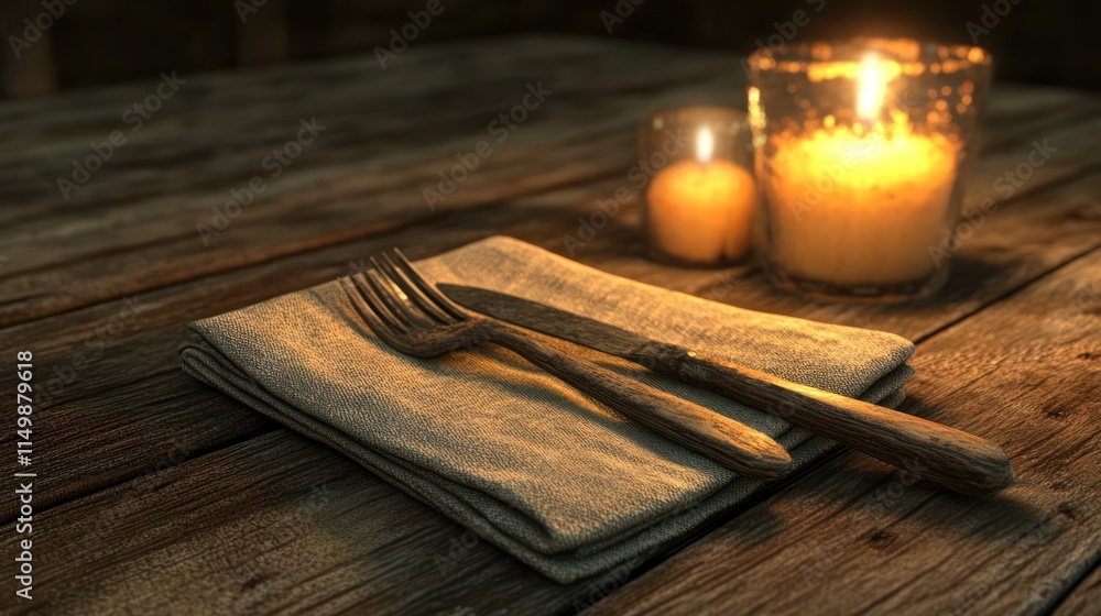 Rustic table setting with candles and cutlery. Rustic table setting with candles and cutlery.