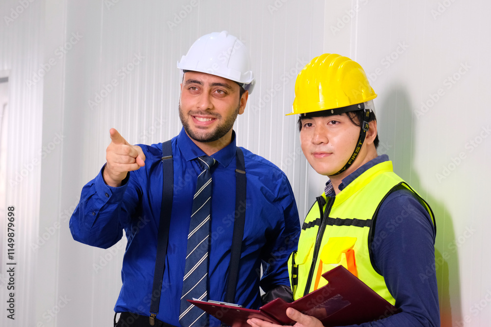 Engineer wearing safety helmet walks to work in industrial plant. Engineer wearing safety helmet walks to work in industrial plant.