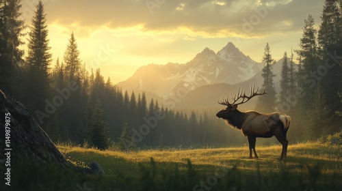 Majestic elk standing in a sunlit mountain meadow.