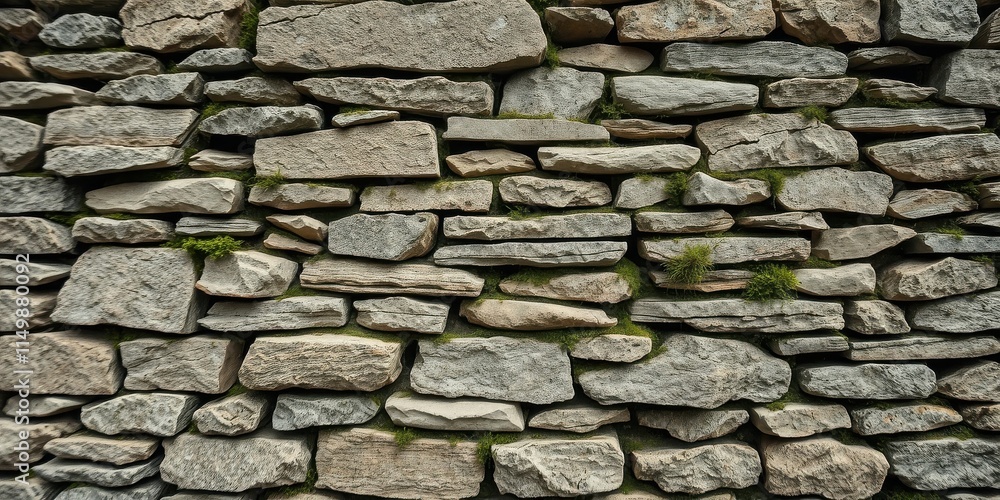 A rustic stone wall texture featuring irregularly shaped stones and patches of vibrant green moss A rustic stone wall texture featuring irregularly shaped stones and patches of vibrant green moss