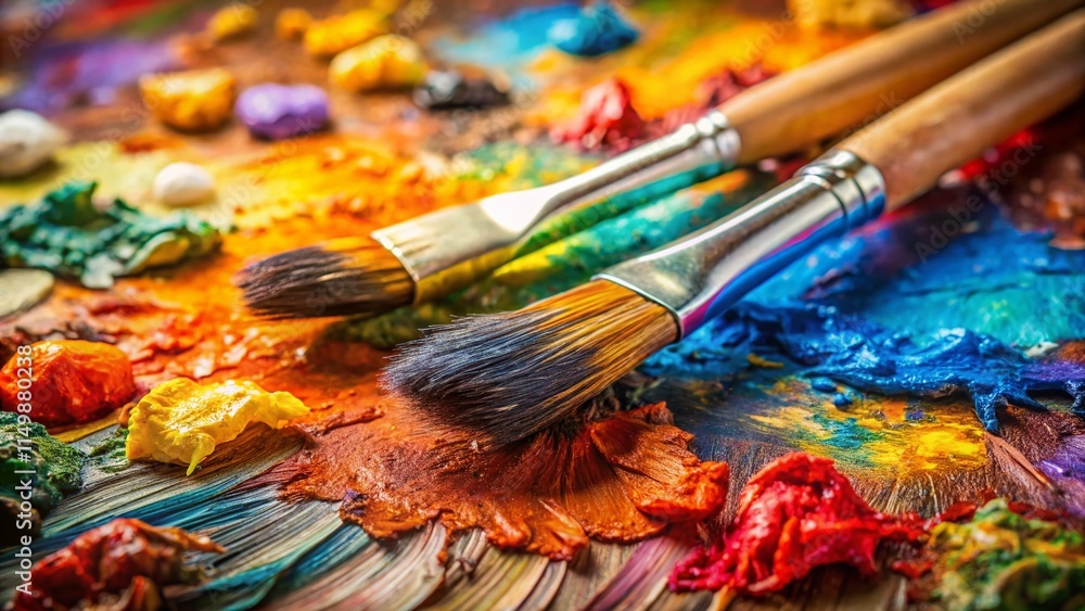 Fototapeta premium Vibrant Oil Paint Palette Close-Up: Artistic Tools & Colors