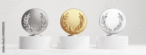 Three round medallions with laurel wreaths on white pedestals. photo