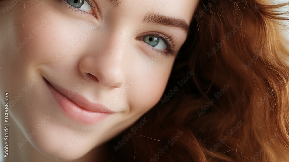Close-up of a smiling woman with clear skin, soft natural light, space on the left for text,generative ai illustration Close-up of a smiling woman with clear skin, soft natural light, space on the left for text,generative ai illustration