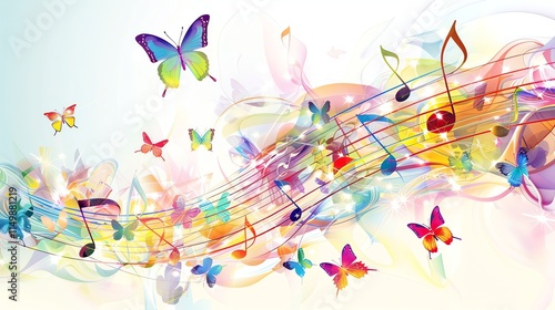 Colorful music notes and butterflies fly through a vibrant, swirling abstract background.