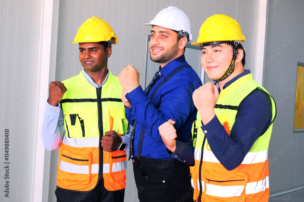 Engineer and worker wearing safety helmet standing smiling in industrial plant. Engineer and worker wearing safety helmet standing smiling in industrial plant.