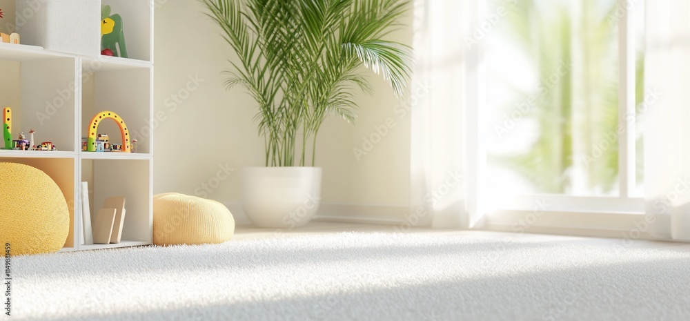 A bright, minimalist room with a plant and toys, ideal for play. A bright, minimalist room with a plant and toys, ideal for play.