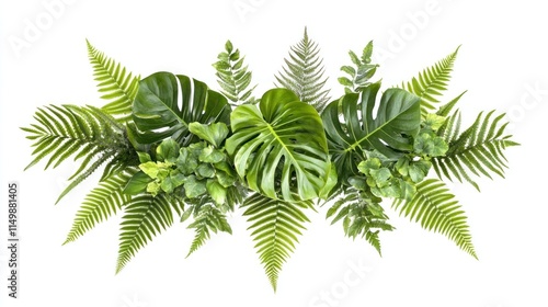 Lush tropical foliage arrangement isolated on white.