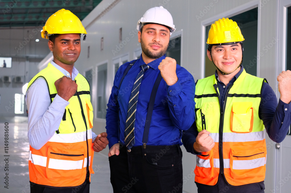 Engineer and worker wearing safety helmet standing smiling in industrial plant. Engineer and worker wearing safety helmet standing smiling in industrial plant.