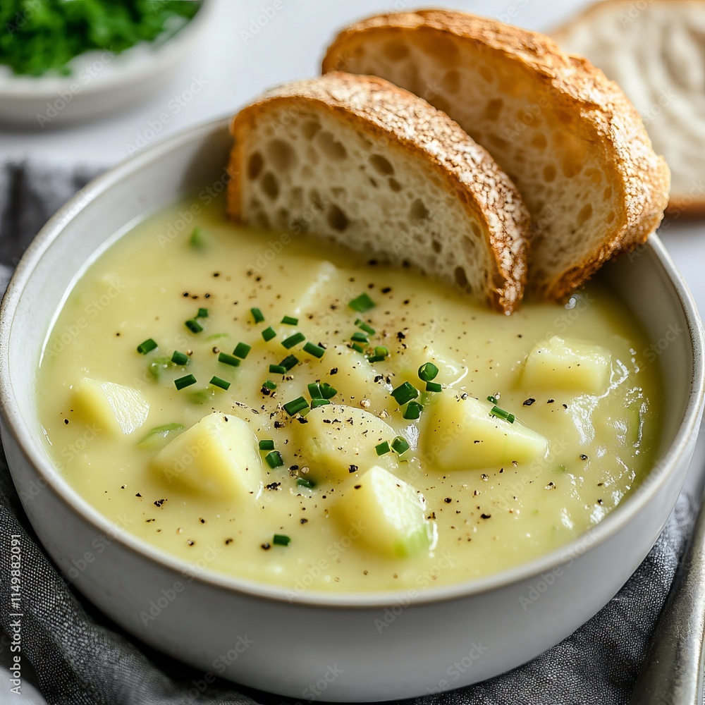 A comforting bowl of creamy potato leek soup with tender potatoes and leeks, served with a slice of crusty bread, Potato leek soup centered A comforting bowl of creamy potato leek soup with tender potatoes and leeks, served with a slice of crusty bread, Potato leek soup centered