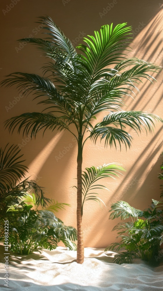 Fototapeta premium Sunlight streaming through leaves of palm tree in tranquil indoor garden setting