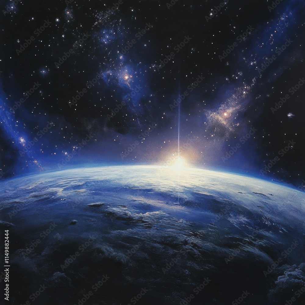 Sunrise over Earth from space, showing atmospheric glow and stars. Sunrise over Earth from space, showing atmospheric glow and stars.