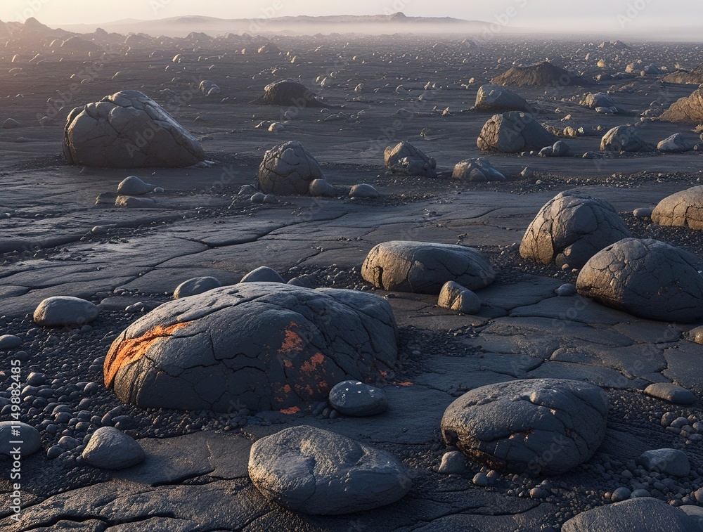 Obraz premium A vast, rugged volcanic rock field stretches towards the horizon, featuring a scattering of stones of varying sizes, from boulders to pebbles,generative ai