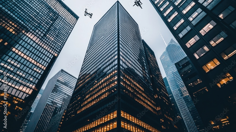 © milenialdesastudio - Low-angle view of skyscrapers at dusk with drones. © milenialdesastudio - Low-angle view of skyscrapers at dusk with drones.