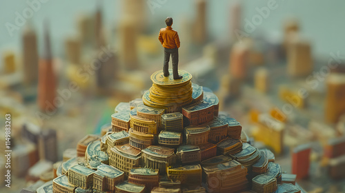 Man standing on money pile urban cityscape digital art financial success aerial view wealth concept