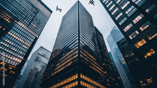 Wallpaper Mural Low-angle view of skyscrapers at dusk with drones. Torontodigital.ca
