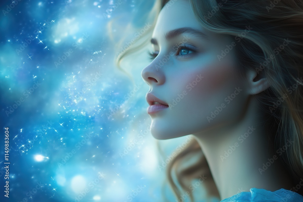 Peaceful woman in a dreamlike setting with shimmering stars Peaceful woman in a dreamlike setting with shimmering stars