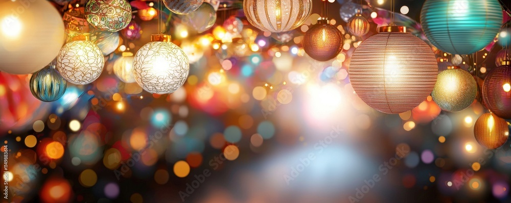 Chinese New Year Lanterns Light Up the Ceremony concept. Festive lights glowing in a colorful ambiance. Chinese New Year Lanterns Light Up the Ceremony concept. Festive lights glowing in a colorful ambiance.