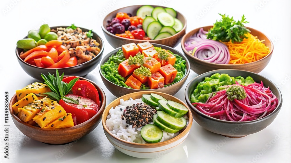 Vibrant Poke Bowls: Fresh Ingredients, Isolated on White Background Vibrant Poke Bowls: Fresh Ingredients, Isolated on White Background