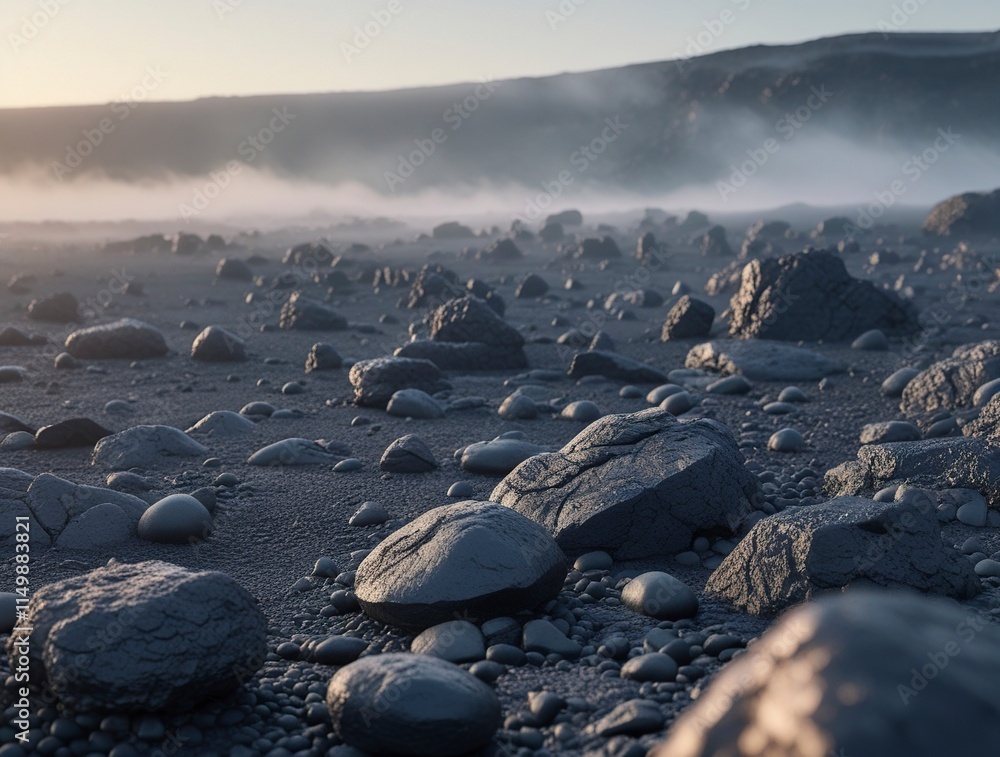 A vast, rugged volcanic rock field stretches towards the horizon, featuring a scattering of stones of varying sizes, from boulders to pebbles,generative ai A vast, rugged volcanic rock field stretches towards the horizon, featuring a scattering of stones of varying sizes, from boulders to pebbles,generative ai