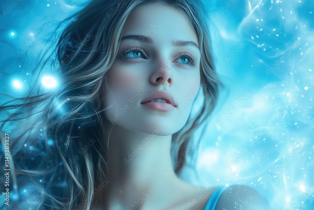 Swirling clouds and radiant stars frame the tranquil woman Swirling clouds and radiant stars frame the tranquil woman