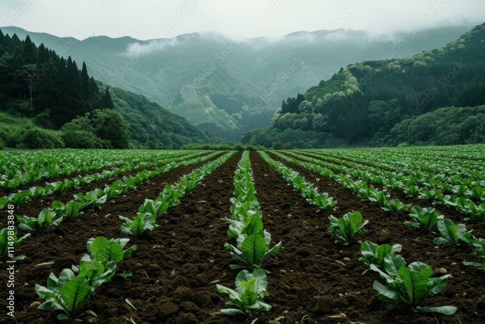 Lettuce crop growing in neat rows in a field at the foot of a mountain range Lettuce crop growing in neat rows in a field at the foot of a mountain range