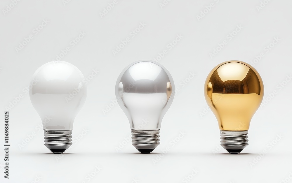 Three light bulbs in white, silver, and gold. Three light bulbs in white, silver, and gold.