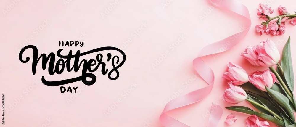 Naklejka premium Happy Mothers Day Pink Tulips and Ribbon Festive Background