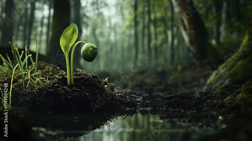 Resilient Green Plant Emerging from a Small Puddle Reflecting Hope and Life in a Serene Urban Environment Capturing Nature's Endurance and Beauty photo